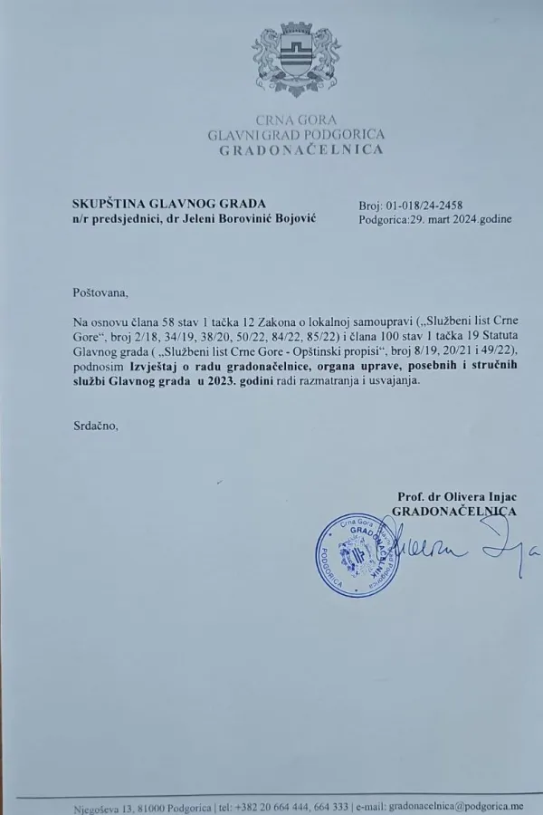  Izvje&scaron;taj o radu gradonačelnice predat 29. marta