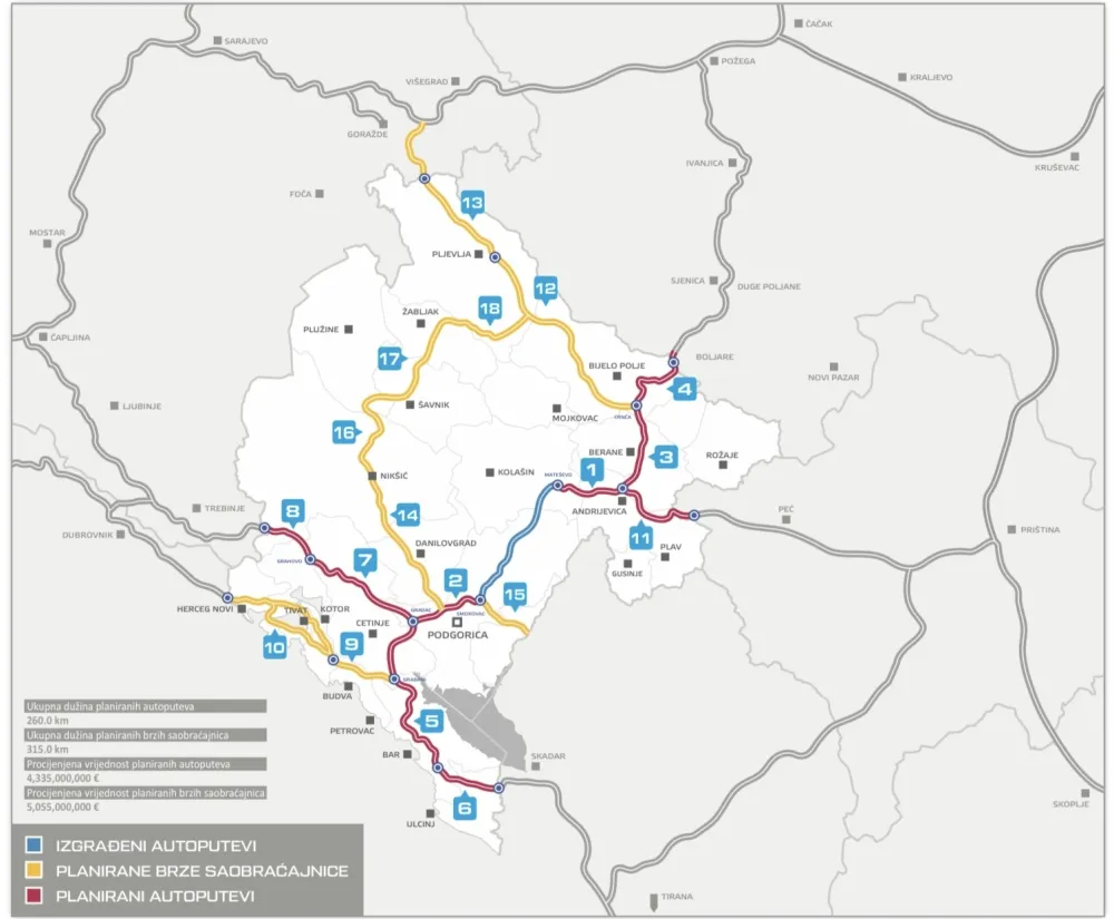 Mapa izgrađenih autoputeva i planiranih autoputeva i brzih saobraćajnica