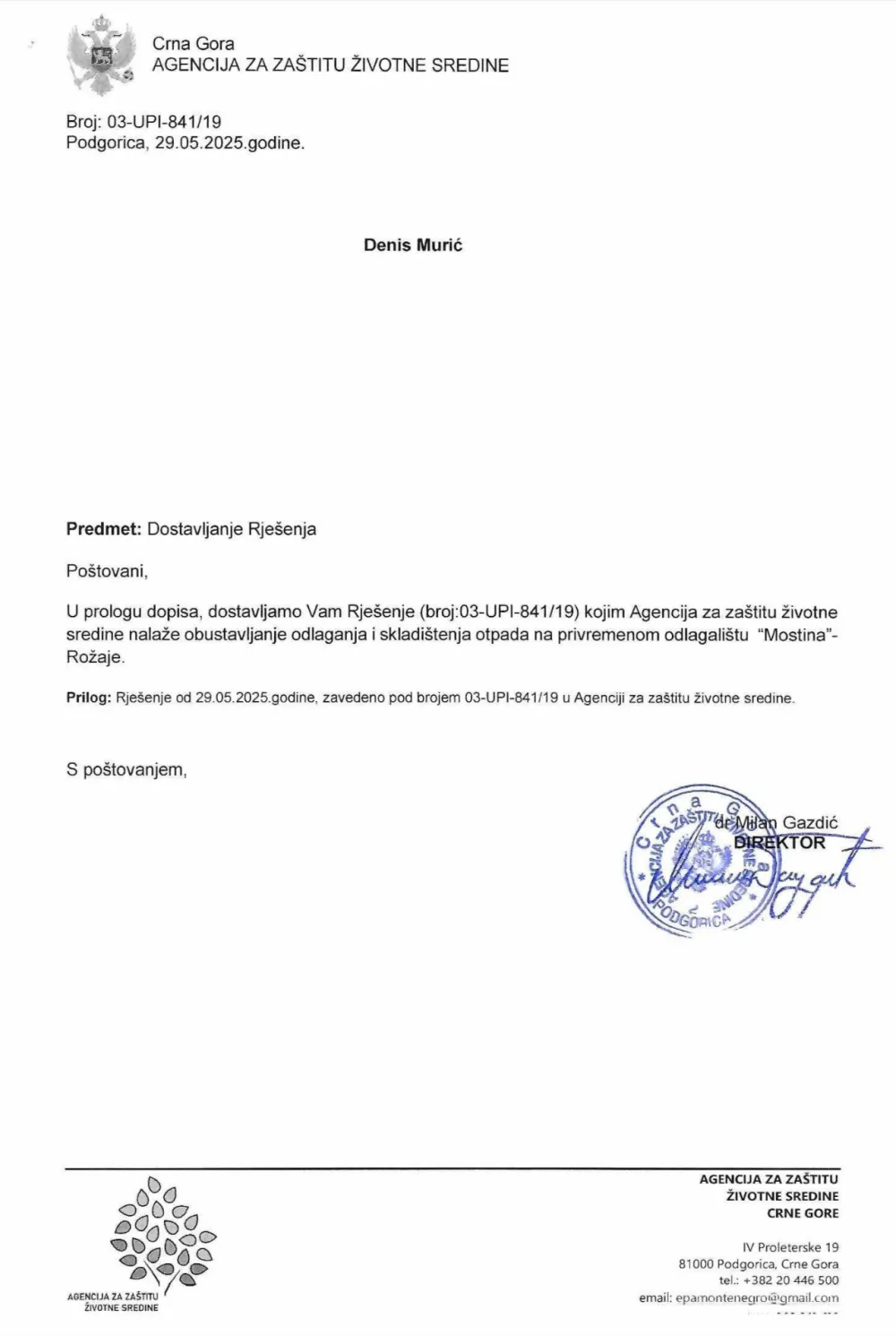 Rje&scaron;enje Agencije za za&scaron;titu životne sredine 