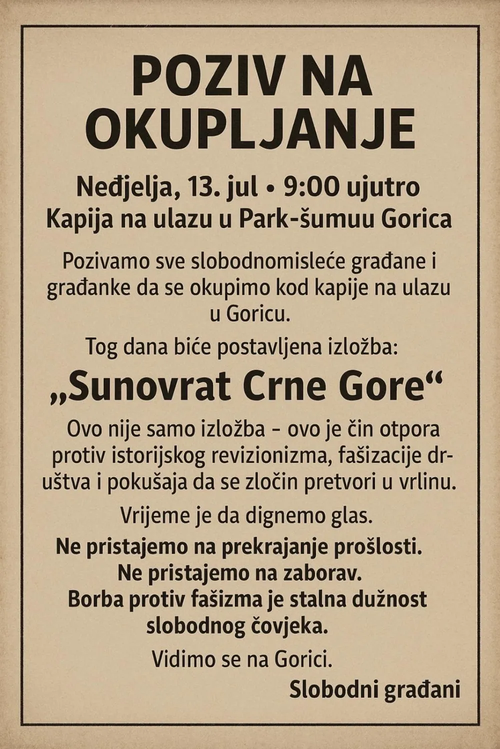 Grupa građana pozvala na okupljanje u nedjelju