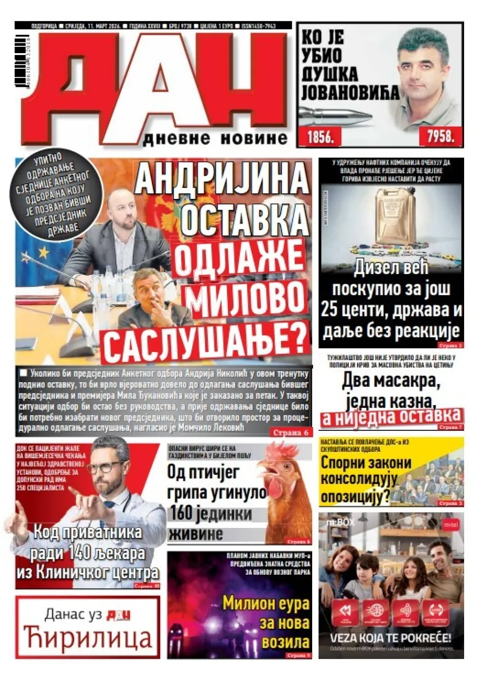 Naslovna strana "Dana" za 11. mart 2026