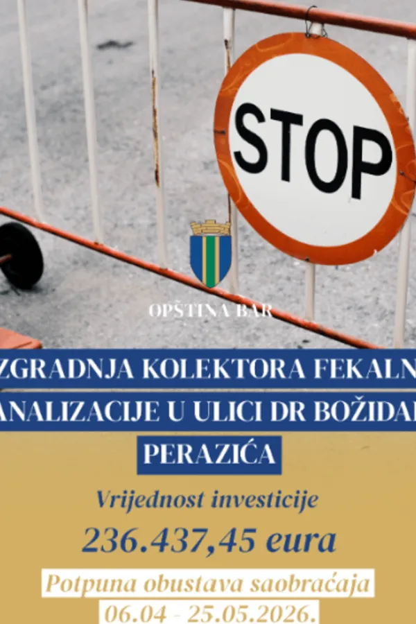 ​​Op&scaron;tina Bar: Započeti radovi na izgradnji kolektora fekalne kanalizacije