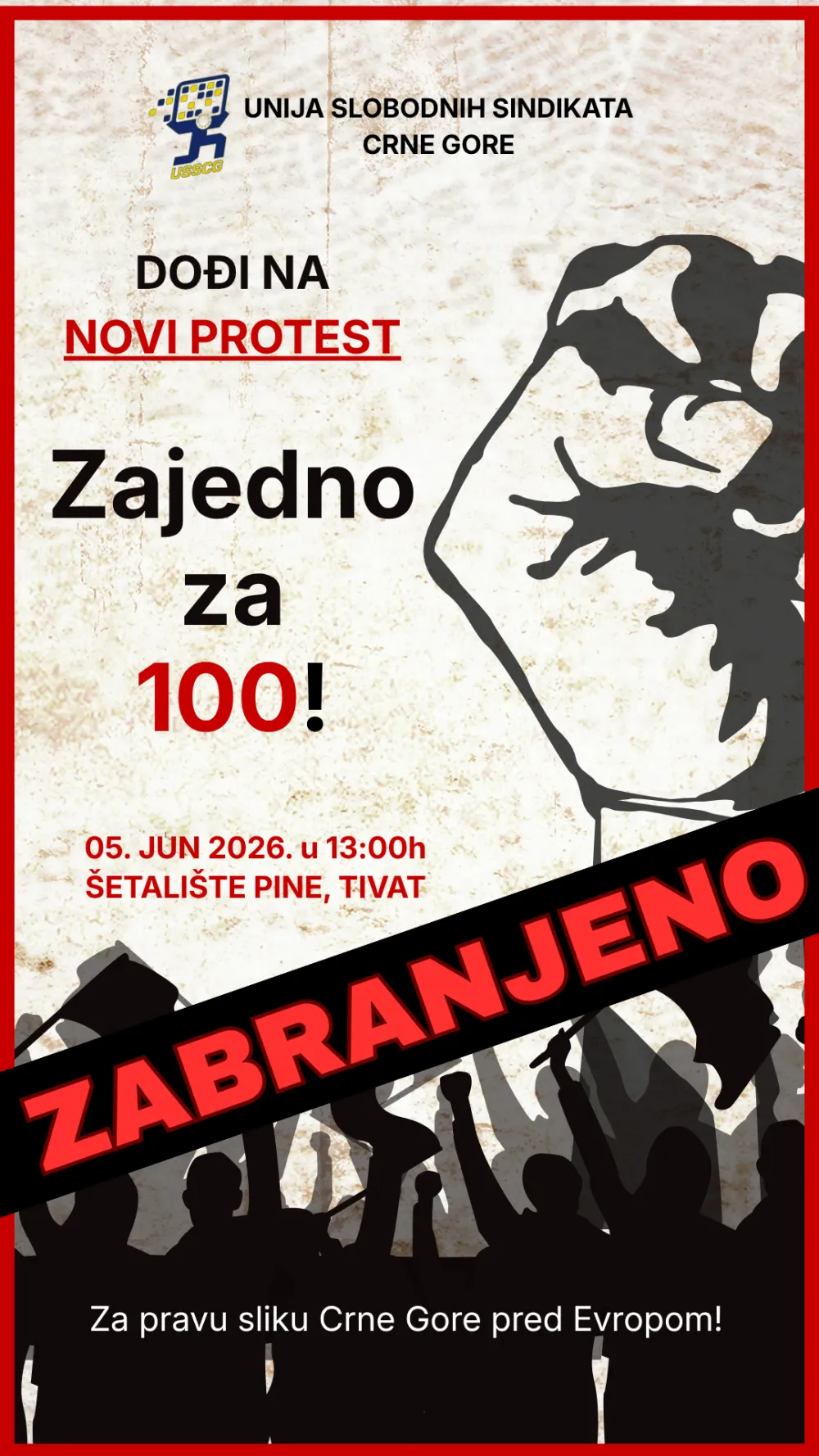 USSCG: Zabrana protesta u Tivtu neće nas osujetiti u borbi za novi OKU i povećanje obračunske vrijednosti koeficijenta